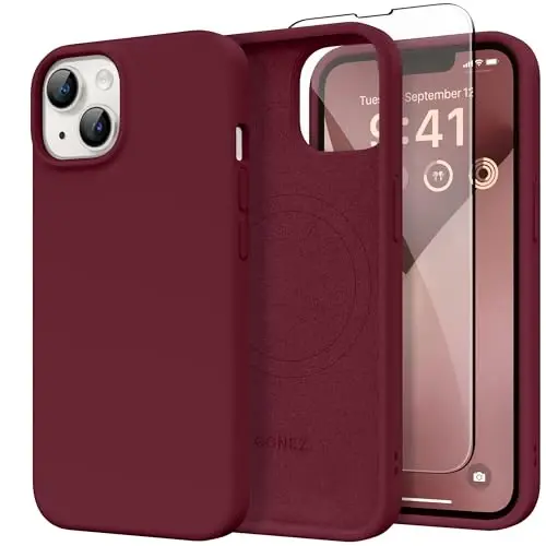 GONEZ Magnetic for iPhone 13 Case & iPhone 14 Case, [Compatible with MagSafe] Anti-Scratch Microfiber Lining & Screen Protector, Shockproof Slim Phone Silicone Cover 6.1 inch, Maroon 