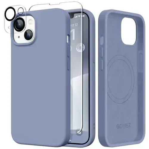 GONEZ Magnetic for iPhone 14 Case, Compatible with Magsafe, with Screen Protector + Camera Protector, Anti-Scratch Microfiber Lining, Liquid Silicone Shockproof Protective Phone Case, Lavender Gray 