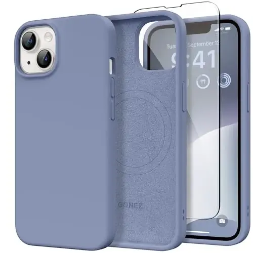 GONEZ Magnetic for iPhone 13 Case & iPhone 14 Case, [Compatible with MagSafe] Anti-Scratch Microfiber Lining & Screen Protector, Shockproof Slim Phone Silicone Cover 6.1 inch, Lavender Gray 