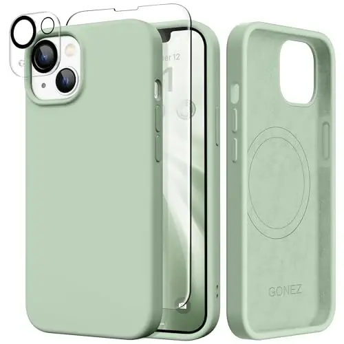 GONEZ Magnetic for iPhone 14 Case, Compatible with Magsafe, with Screen Protector + Camera Protector, Anti-Scratch Microfiber Lining, Liquid Silicone Shockproof Protective Phone Case, Pastel Green - 1