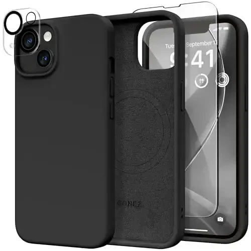GONEZ Magnetic for iPhone 14 Case, Compatible with Magsafe, with Screen Protector + Camera Protector, Anti-Scratch Microfiber Lining, Liquid Silicone Shockproof Protective Phone Case, Black - 1