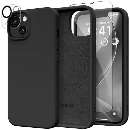 GONEZ Magnetic for iPhone 14 Case, Compatible with Magsafe, with Screen Protector + Camera Protector, Anti-Scratch Microfiber Lining, Liquid Silicone Shockproof Protective Phone Case, Black 