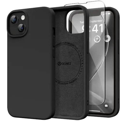 iPhone 14 için GONEZ Mıknatıslı Kılıf, Magsafe Uyumlu, Ekran Koruyucu + Kamera Koruyucu, Çizilmez Mikrofiber Astar, Sıvı Silikon Darbeye Dayanıklı Koruyucu Telefon Kılıfı, Siyah 