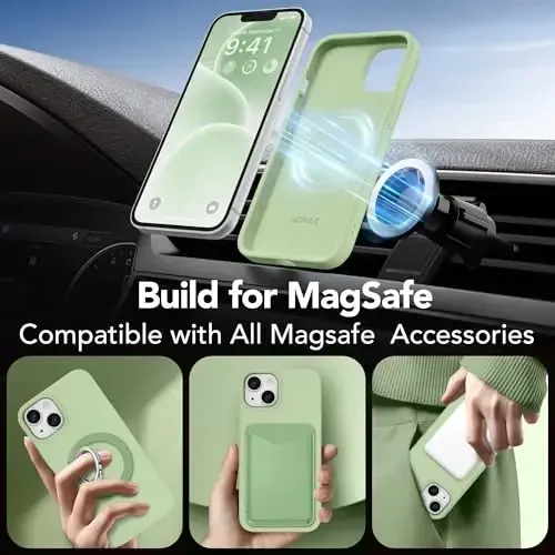 GONEZ Magnetic for iPhone 14 Case, Compatible with Magsafe, with Screen Protector + Camera Protector, Anti-Scratch Microfiber Lining, Liquid Silicone Shockproof Protective Phone Case, Green - 3