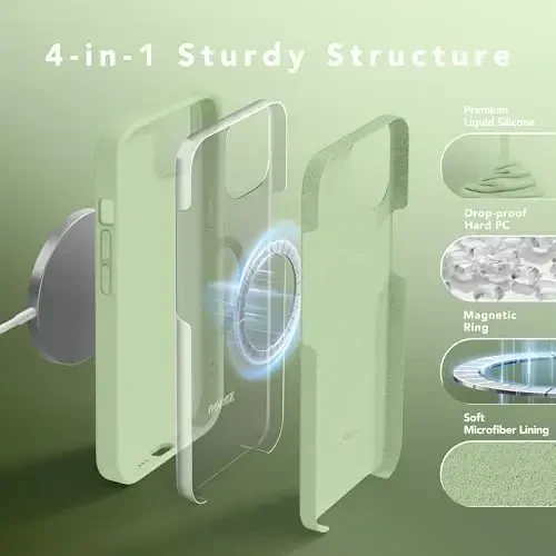GONEZ Magnetic for iPhone 14 Case, Compatible with Magsafe, with Screen Protector + Camera Protector, Anti-Scratch Microfiber Lining, Liquid Silicone Shockproof Protective Phone Case, Green - 4