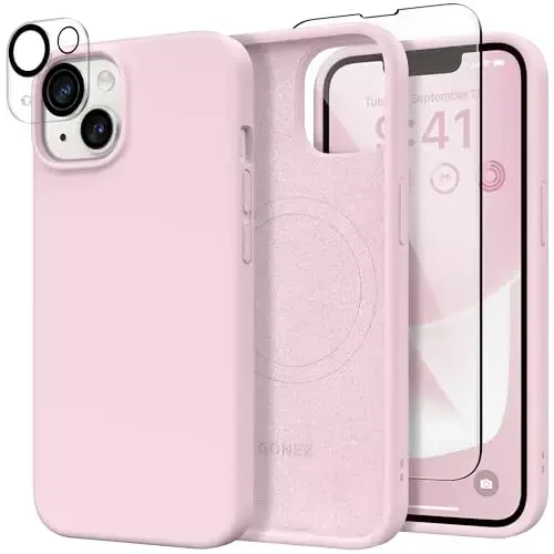 GONEZ Magnetic for iPhone 14 Case, Compatible with Magsafe, with Screen Protector + Camera Protector, Anti-Scratch Microfiber Lining, Liquid Silicone Shockproof Protective Phone Case, Hot Pink 