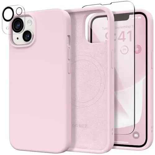 GONEZ Magnetic for iPhone 14 Case, Compatible with Magsafe, with Screen Protector + Camera Protector, Anti-Scratch Microfiber Lining, Liquid Silicone Shockproof Protective Phone Case, Pastel Pink 