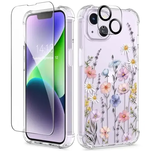 iPhone 14 için GVIEWIN Çiçekli Kılıf, Ekran Koruyucu ve Kamera Lens Koruyucu ile, [Sararmaz] Kadınlar için Yumuşak Darbeye Dayanıklı Şeffaf Telefon Koruyucu Kapak, Çiçek Desenli Tasarım 6.1