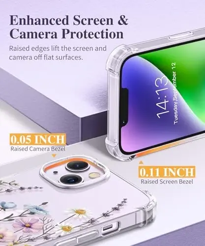 iPhone 14 için GVIEWIN Çiçekli Kılıf, Ekran Koruyucu ve Kamera Lens Koruyucu ile, [Sararmaz] Kadınlar için Yumuşak Darbeye Dayanıklı Şeffaf Telefon Koruyucu Kapak, Çiçek Desenli Tasarım 6.1