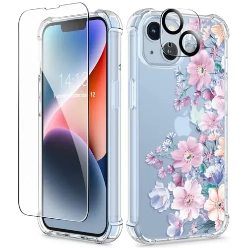 iPhone 14 için GVIEWIN Çiçekli Kılıf, Ekran Koruyucu ve Kamera Lensi Koruyucu ile, [Sararma Yapmaz] Kadınlar için Yumuşak Darbe Emici Şeffaf Telefon Koruyucu Kılıf, Çiçek Desenli Tasarım 6.1