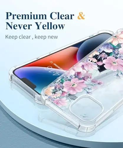 iPhone 14 için GVIEWIN Çiçekli Kılıf, Ekran Koruyucu ve Kamera Lensi Koruyucu ile, [Sararma Yapmaz] Kadınlar için Yumuşak Darbe Emici Şeffaf Telefon Koruyucu Kılıf, Çiçek Desenli Tasarım 6.1