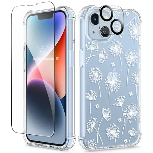 iPhone 14 için GVIEWIN Çiçekli Kılıf, Ekran Koruyucu ve Kamera Lensi Koruyucu ile, [Sararma Yapmaz] Kadınlar için Yumuşak Darbeye Dayanıklı Şeffaf Telefon Koruyucu Kapak, Çiçek Desenli Tasarım 6.1