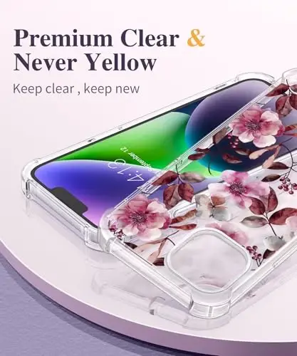 iPhone 14 için GVIEWIN Çiçekli Kılıf, Ekran Koruyucu+Kamera Lensi Koruyucu ile, [Sararma Yapmaz] Kadınlar için Yumuşak Darbe Emici Şeffaf Telefon Koruyucu Kılıf, Çiçek Desenli Tasarım 6.1