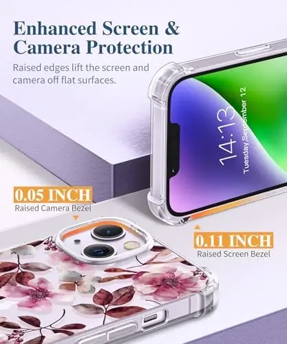 iPhone 14 için GVIEWIN Çiçekli Kılıf, Ekran Koruyucu+Kamera Lensi Koruyucu ile, [Sararma Yapmaz] Kadınlar için Yumuşak Darbe Emici Şeffaf Telefon Koruyucu Kılıf, Çiçek Desenli Tasarım 6.1