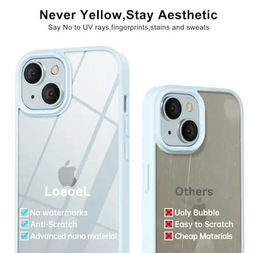 LoeoeL for iPhone 14 Case Clear, Transparent Hybrid 14 Phone Case [Hard Plastic & Soft Silicone Bumper] Acrylic Non Yellowing Thin Slim Protective Cover for Women, Light Blue - 4