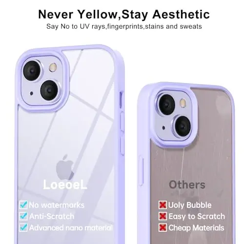 LoeoeL for iPhone 14 Case Clear, Transparent Hybrid 14 Phone Case [Hard Plastic & Soft Silicone Bumper] Acrylic Non Yellowing Thin Slim Protective Cover for Women, Purple Lavender - 4