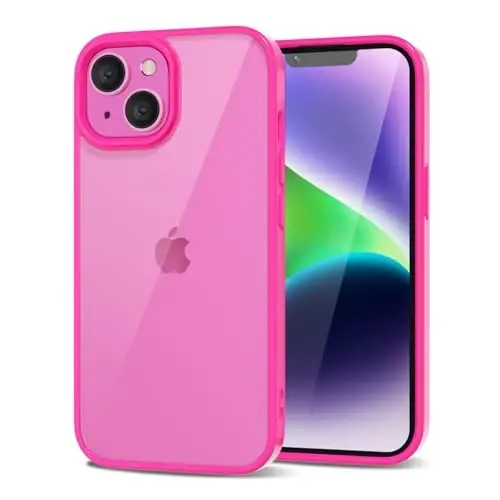 LoeoeL for iPhone 14 Case Clear, Transparent Hybrid 14 Phone Case [Hard Plastic & Soft Silicone Bumper] Acrylic Non Yellowing Thin Slim Protective Cover for Women, Neon Hot Pink 