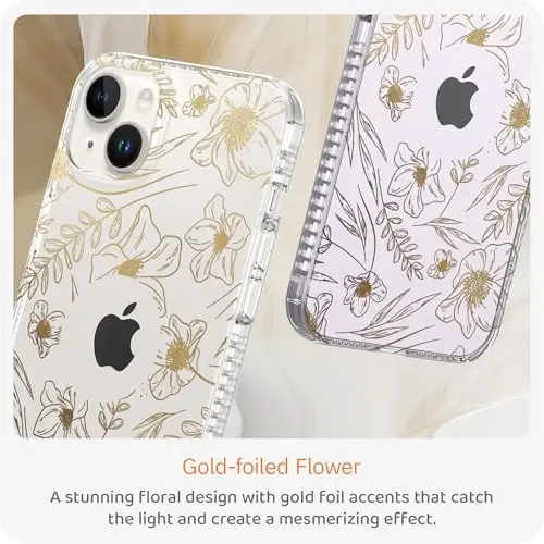 LONLI Hue Case for iPhone 14 - [360° Shock-Absorbent Bumper] - [Cute and Unique Phone Cover for Girls and Women] - Gold Floral - 2