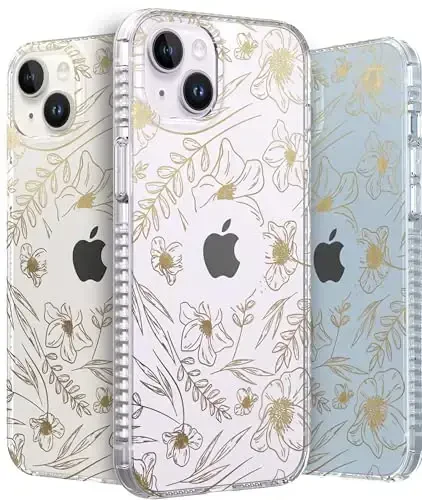 LONLI Hue Case for iPhone 14 - [360° Shock-Absorbent Bumper] - [Cute and Unique Phone Cover for Girls and Women] - Gold Floral - 1