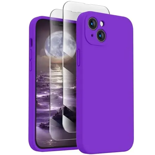 FireNova Designed for iPhone 14 Case, Silicone Upgraded [Camera Protection] Phone Case with [2 Screen Protectors], Soft Anti-Scratch Microfiber Lining Inside, 6.1 inch, Neon Purple 