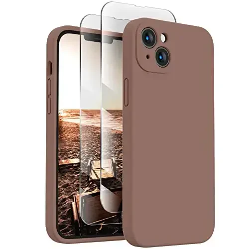 FireNova Designed for iPhone 14 Case, Silicone Upgraded [Camera Protection] Phone Case with [2 Screen Protectors], Soft Anti-Scratch Microfiber Lining Inside, 6.1 inch, Light Brown - 1