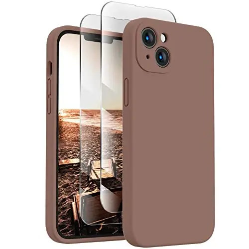 FireNova Designed for iPhone 14 Case, Silicone Upgraded [Camera Protection] Phone Case with [2 Screen Protectors], Soft Anti-Scratch Microfiber Lining Inside, 6.1 inch, Light Brown 