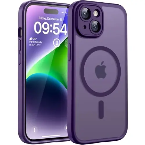 iPhone 14 için TOCOL Manyetik Kılıf, Gelişmiş Tam Kamera Koruması, Magsafe ile Uyumlu, Düşme Koruması, Yarı Saydam Mat Arka Tamponlu Telefon Kapağı 6,1 inç (Gece Yarısı Moru) 