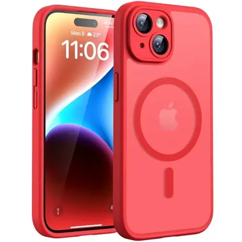 iPhone 14 için TOCOL Manyetik Kılıf, Geliştirilmiş Tam Kamera Koruması, Magsafe Uyumlu, Düşme Koruması, Yarı Saydam Mat Arka Tampon Telefon Kapağı 6,1 İnç (Kırmızı) 