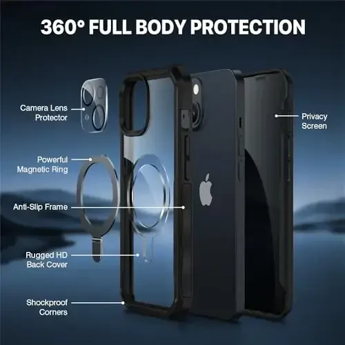 CENHUFO Privacy Phone Case for iPhone 14 / iPhone 13 [Compatible with Magsafe] Built-in Glass Privacy Screen Protector and Magnetic Ring Stand, Full Body Shockproof Clear Camera Lens Cover -Black - 3