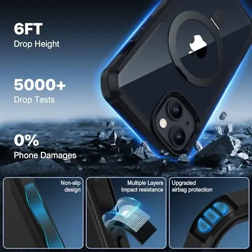 iPhone 14 / iPhone 13 için CENHUFO Gizlilik Telefon Kılıfı [Magsafe ile Uyumlu] Dahili Cam Gizlilik Ekran Koruyucu ve Manyetik Halka Standı, Tam Gövde Darbeye Dayanıklı Şeffaf Kamera Lens Kapağı - Siyah - 4