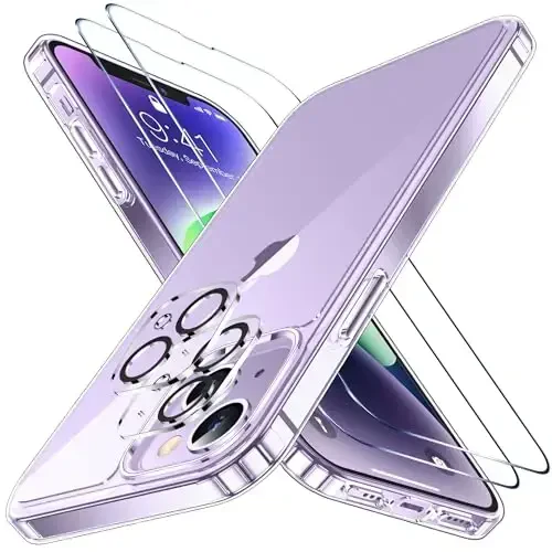 SPIDERCASE for iPhone 14 /iPhone 15 Case, [15 FT Military Grade Drop Protection] [Crystal Clear] 2 Pack [Tempered Glass Screen Protectors+Camera Lens Protectors] [Not Yellowing] Slim , Clear 