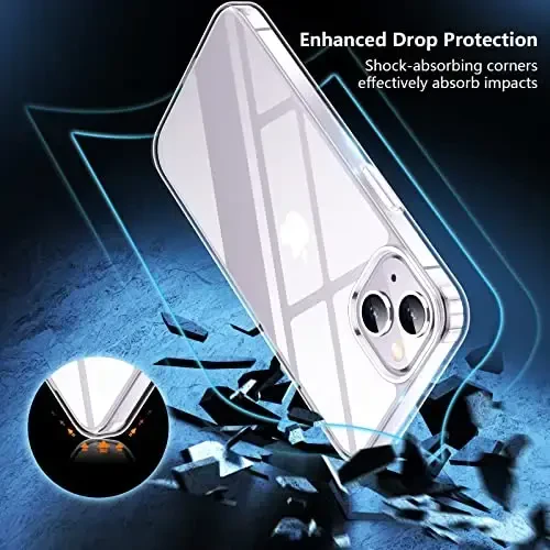 SPIDERCASE for iPhone 14 /iPhone 15 Case, [15 FT Military Grade Drop Protection] [Crystal Clear] 2 Pack [Tempered Glass Screen Protectors+Camera Lens Protectors] [Not Yellowing] Slim , Clear - 3