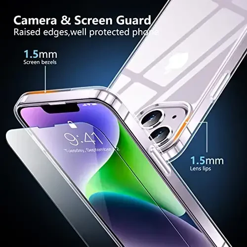 SPIDERCASE for iPhone 14 /iPhone 15 Case, [15 FT Military Grade Drop Protection] [Crystal Clear] 2 Pack [Tempered Glass Screen Protectors+Camera Lens Protectors] [Not Yellowing] Slim , Clear - 5