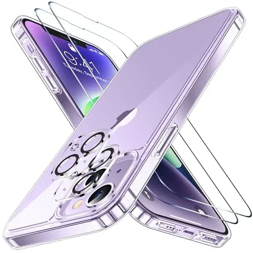 SPIDERCASE for iPhone 14 /iPhone 15 Case, [15 FT Military Grade Drop Protection] [Crystal Clear] 2 Pack [Tempered Glass Screen Protectors+Camera Lens Protectors] [Not Yellowing] Slim , Clear 