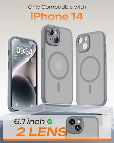 iPhone 14 Kılıf için TOCOL, Magsafe Şarj Cihazı ile Uyumlu, Tam Kamera Koruma, Düşme Koruması, iPhone 14 6.1 inç için Yarı Saydam Mat Telefon Kılıfı (Gri) - 2