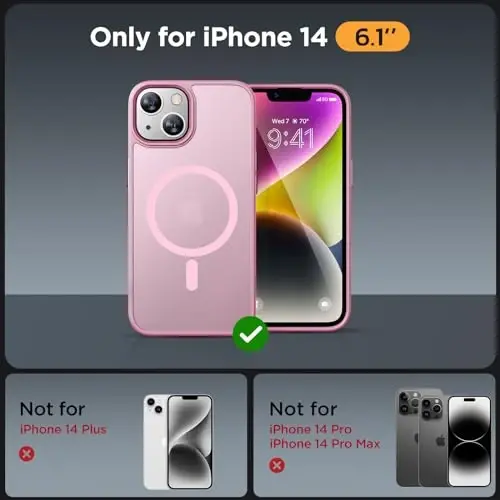 Miracase for iPhone 14 Case [MagSafe Compatible] [2× 9H Tempered Glass] 12FT Military-Grade Drop Protection, Slim Translucent Matte, Anti-Fingerprint, Shockproof with Metal Buttons, Mes-Pink - 2