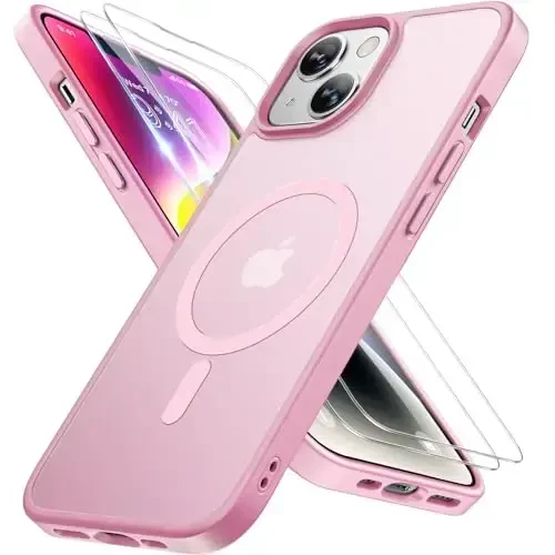 Miracase for iPhone 14 Case [MagSafe Compatible] [2× 9H Tempered Glass] 12FT Military-Grade Drop Protection, Slim Translucent Matte, Anti-Fingerprint, Shockproof with Metal Buttons, Mes-Pink - MIRACASE