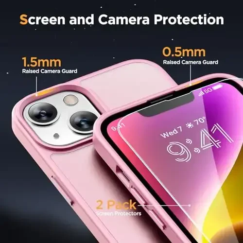 Miracase for iPhone 14 Case [MagSafe Compatible] [2× 9H Tempered Glass] 12FT Military-Grade Drop Protection, Slim Translucent Matte, Anti-Fingerprint, Shockproof with Metal Buttons, Mes-Pink - 6