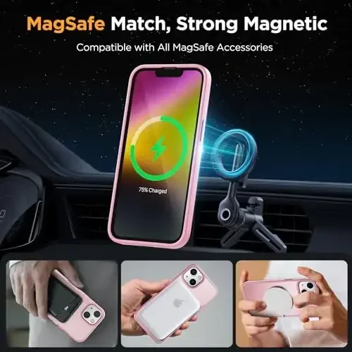 Miracase for iPhone 14 Case [MagSafe Compatible] [2× 9H Tempered Glass] 12FT Military-Grade Drop Protection, Slim Translucent Matte, Anti-Fingerprint, Shockproof with Metal Buttons, Mes-Pink - 3