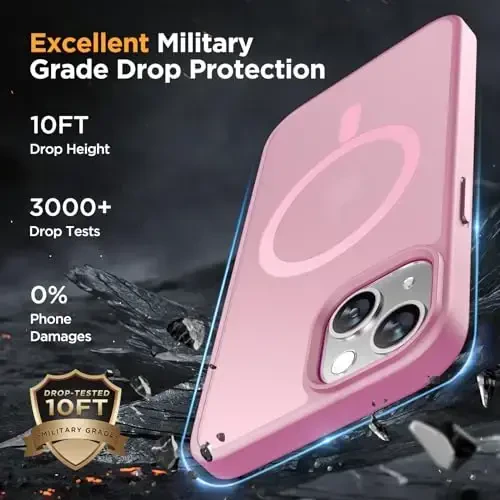 Miracase for iPhone 14 Case [MagSafe Compatible] [2× 9H Tempered Glass] 12FT Military-Grade Drop Protection, Slim Translucent Matte, Anti-Fingerprint, Shockproof with Metal Buttons, Mes-Pink - 5