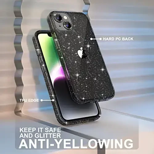 Choiche Compatible for iPhone 14 Case Women Phone Case, Cute Bling Sparkly, Military Grade Drop Protection, 2 Diamond Camera Lens Covers, 2 Tempered Glass Protectors, 6.1 inch (Glitter Black) - 7