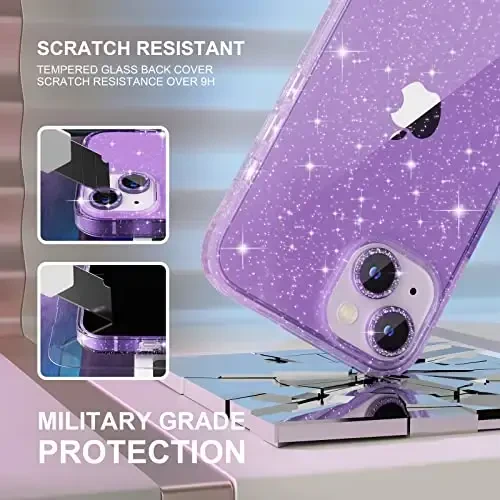 Choiche Compatible for iPhone 14 Case Women Phone Case, Cute Bling Sparkly, Military Grade Drop Protection, 2 Diamond Camera Lens Covers, 2 Tempered Glass Protectors, 6.1 inch (Glitter Purple) - 5