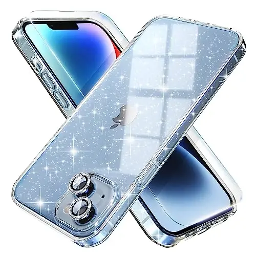 Choiche Compatible for iPhone 14 Case Women Phone Case, Cute Bling Sparkly, Military Grade Drop Protection, 2 Diamond Camera Lens Covers, 2 Tempered Glass Protectors, 6.1 inch (Glitter Clear) - 1