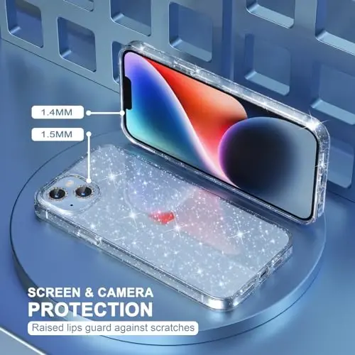 Choiche Compatible for iPhone 14 Case Women Phone Case, Cute Bling Sparkly, Military Grade Drop Protection, 2 Diamond Camera Lens Covers, 2 Tempered Glass Protectors, 6.1 inch (Glitter Clear) - 4
