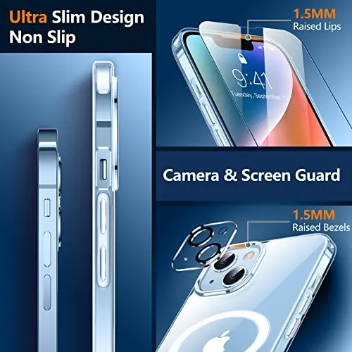 iPhone 14 Kılıfı/iPhone 15 Kılıfı için ÖRÜMCEK KILIF, [15 FT Askeri Sınıf Düşme Koruması] Manyetik [Kristal Şeffaf] 2'li Paket [Temperli Cam Ekran Koruyucular+Kamera Lensi Koruyucular] İnce Kılıf, Şeffaf - 4