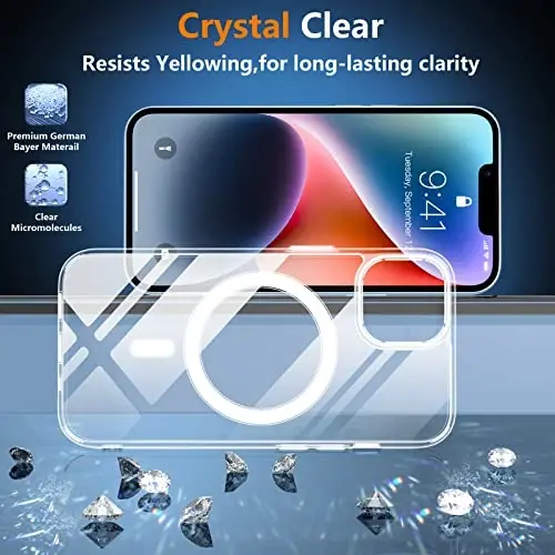 iPhone 14 Kılıfı/iPhone 15 Kılıfı için ÖRÜMCEK KILIF, [15 FT Askeri Sınıf Düşme Koruması] Manyetik [Kristal Şeffaf] 2'li Paket [Temperli Cam Ekran Koruyucular+Kamera Lensi Koruyucular] İnce Kılıf, Şeffaf - 6