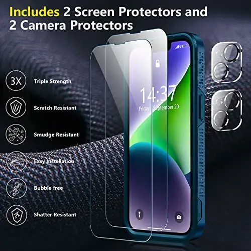 SPIDERCASE for iPhone 14 Case/iPhone 15 Case, [15 FT Military Grade Drop Protection][Non-Slip] 2 Pack [Tempered Glass Screen Protectors+Camera Lens Protectors] Heavy Duty Shockproof Case, Sea Blue - 4