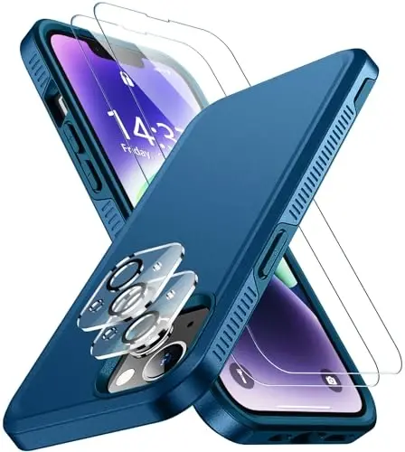SPIDERCASE for iPhone 14 Case/iPhone 15 Case, [15 FT Military Grade Drop Protection][Non-Slip] 2 Pack [Tempered Glass Screen Protectors+Camera Lens Protectors] Heavy Duty Shockproof Case, Sea Blue - SPIDERCASE