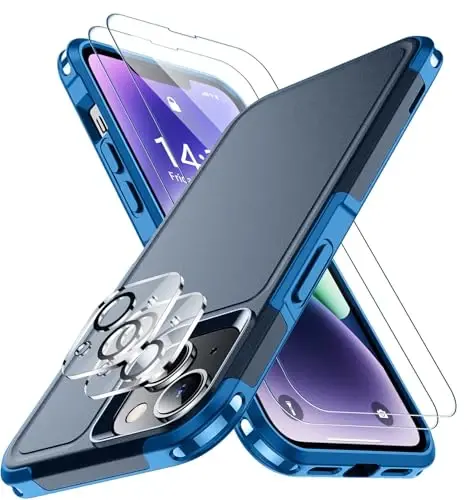 SPIDERCASE for iPhone 14 Case/iPhone 15 Case, [15 FT Military Grade Drop Protection][Non-Slip] 2 Pack [Tempered Glass Screen Protectors+Camera Lens Protectors] Heavy Duty Shockproof Case, Dark Blue - 1