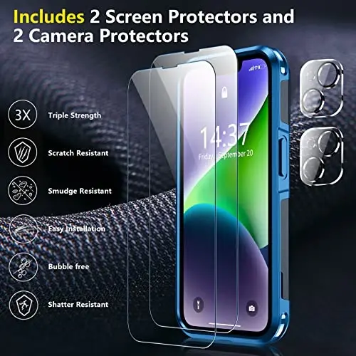 SPIDERCASE for iPhone 14 Case/iPhone 15 Case, [15 FT Military Grade Drop Protection][Non-Slip] 2 Pack [Tempered Glass Screen Protectors+Camera Lens Protectors] Heavy Duty Shockproof Case, Dark Blue - 4
